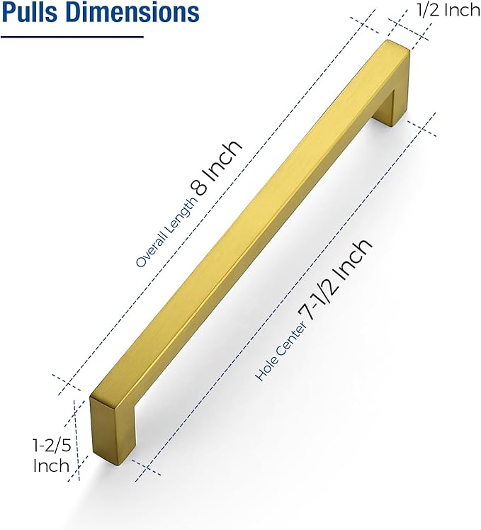 JOY DECOR 12 Pack Cabinet Handles, Gold Cabinet Pulls, 7-1/2 Inch Kitchen Closet Handles Square Drawer Pulls Stainless Steel Drawer Hardware, 192mm Hole Centers