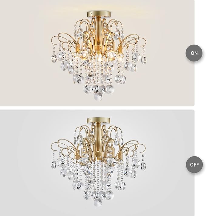 WUZUPS Crystal Chandelier Flushmount Ceiling Light Modern Lighting Fixture for Bedroom Hallway Bar Kitchen Bathroom, H 17.5'' x W 19.3'', E12 Base, Gold