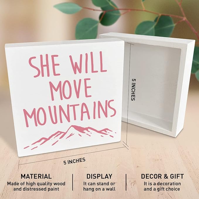 Wooden Box Sign: She Will Move Mountains - Inspirational Girls Room Decor, Motivational Nursery Gift for Baby Showers