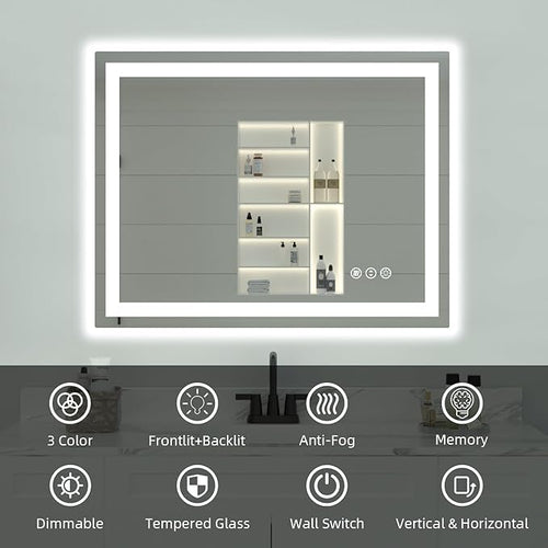48"x 38" LED Bathroom Mirror with Lights, Double Lighting Sources Dimmable, Backlit + Front Lit, Anti-Fog, Lighted Bathroom Vanity Mirror for Wall(Horizontal/Vertical)