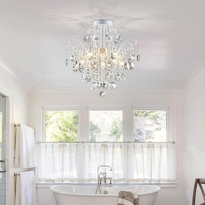 WUZUPS Crystal Chandelier Flushmount Ceiling Light Modern Lighting Fixture for Bedroom Hallway Bar Kitchen Bathroom, H 17.5'' x W 19.3'', E12 Base, White