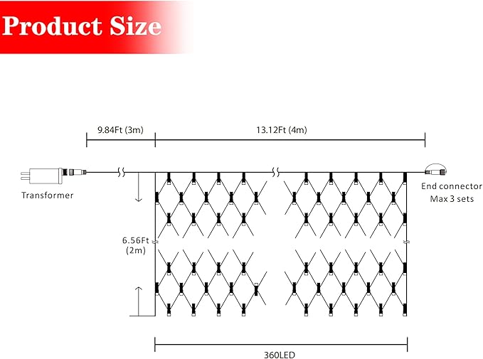 AWQ 360 LED 13.1ft x 6.6ft String Lights Christmas Net Mesh Lights 8 Modes for Christmas Wedding Party Home Garden Lawn Bushes Indoor Outdoor Decor (13.1ft x 6.6ft, Multicolor)