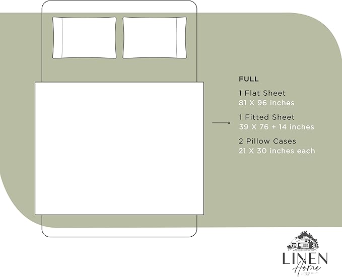 Linen Home 100% Cotton Percale Sheets Full Size, Sage, Deep Pocket, 4 Pieces Set - 1 Flat, 1 Deep Pocket Fitted Sheet and 2 Pillowcases, Crisp Cool and Strong Bed Linen