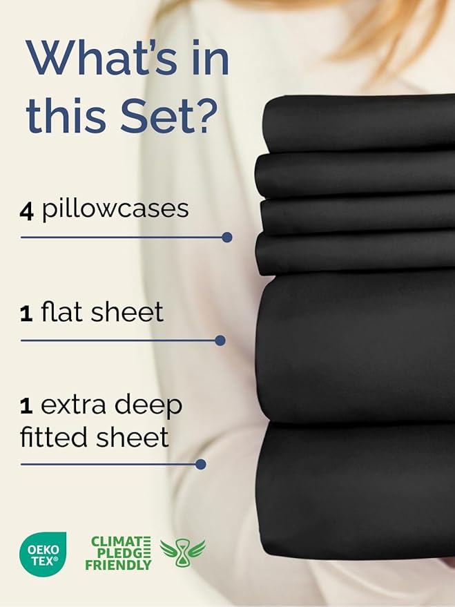 Extra Deep Queen Sheet Set - 6 Piece Breathable and Cooling Sheets - Hotel Luxury Bed Sheets Set - Easy & Secure Fit - Soft, Wrinkle Free and Comfy Sheets Set - Black Sheet Set with Extra Deep Pockets