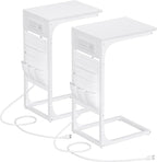 TUTOTAK C Shaped End Table with Charging Station, Side Table for Sofa, Couch Table with Storage Bag, Set of 2, TV Tray Table with 2 USB Ports and Outlets for Living Room, Bedroom, White TB01BW0242
