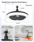 Socket Fan Light with Remote Control, 3 Colors 3000K-6500K Dimmable LED Light Bulb Fan Screw in Ceiling Fan for Bedroom, Kitchen, Storage Room, Closet, Wireless Small Ceiling Fans with Lights - Black