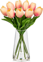 Fake Tulips Artificial Tulip Flowers in Glass Vase with Faux Water, 14.2" Real Touch Peach Tulip Flowers Spring Décor for Table Centerpiece Home Farmhouse Resto Wedding Decoration