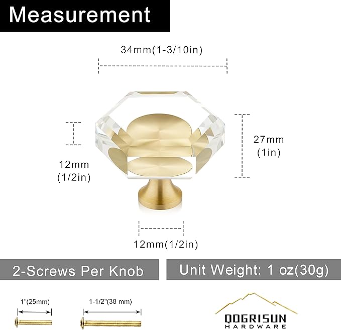 QOGRISUN 15-Pack Brass Crystal Cabinet Knobs,Glass Crystal Gold Drawer Knobs,1-5/16-Inch Hexagon,Decorative Dresser Pulls, Modern Cabinet Hardware