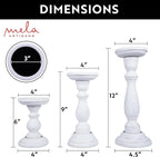 Mela Artisans Wooden Pillar Candle Holders | Tuli Design | Set of 3 Mango Wood Candlesticks | Matte White | Sizes 6" & 9" & 12" | Table Decor | Centerpiece | Mantel | Wedding | Living Room Decor