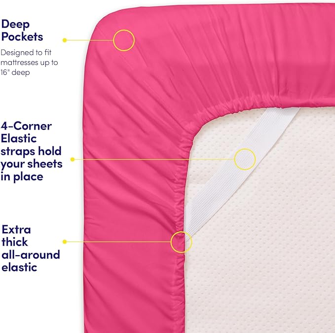 Sweet Home Collection California King Size Sheet Set with Built-in Sheet Straps - Deep Pocket Fitted Sheet, Flat Sheet & Pillowcases - Soft, Wrinkle-Free, Secure Fit - Fuschia