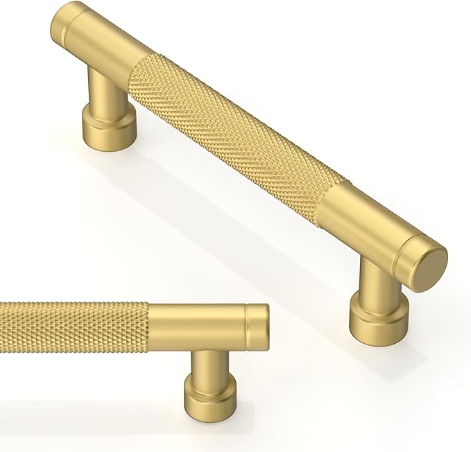 10 Pack Brushed Gold Knurled Cabinet Pulls 3.75 Inch(96mm) Kitchen Cabinet Handles Solid Zinc Alloy Cabinet Hardware Drawer Pulls