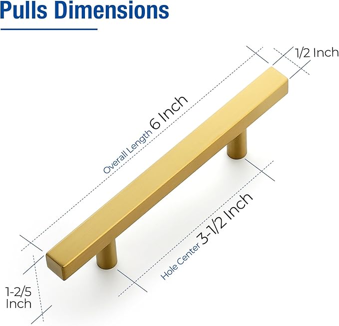 JOY DECOR 10 Pack 3-1/2 Inch Brushed Brass Square Cabinet Handles Stainless Steel Cabinet Hardware Pulls for Kitchen and Drawers with 6 Inch Overall Length
