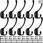 IBosins 10 Pack Heavy Duty Dual Coat Hooks Wall Mounted with 40 Screws Retro Double Hooks Utility Black No Rust Hooks for Coat, Scarf, Bag, Towel, Key, Cap, Cup, Hat (Black)