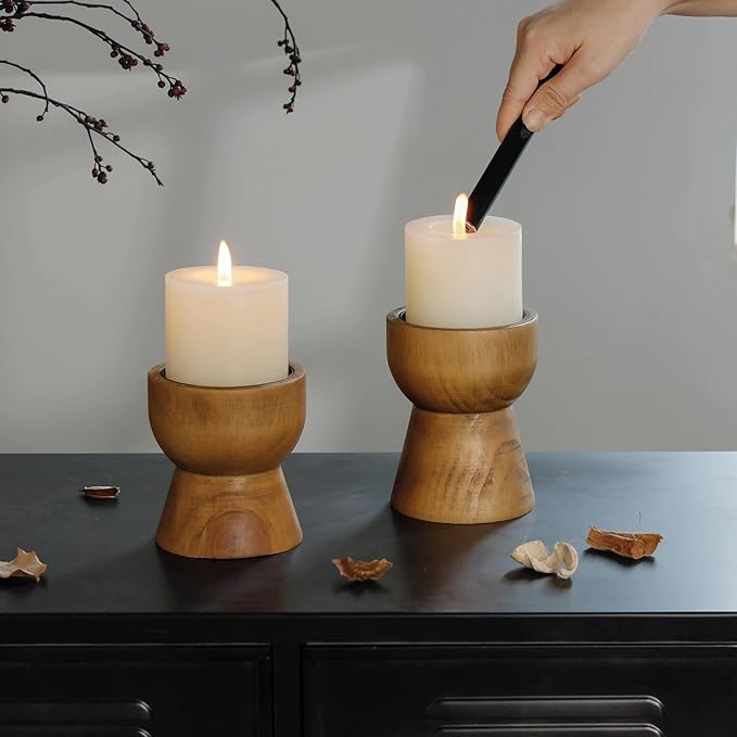 NIKKY HOME Farmhouse Wooden Candle Holders Set of 2, Rusitc Solid Wood Pillar Candlesticks Pedestal, Fireplace Mantle Table Centerpiece Decor, Brown