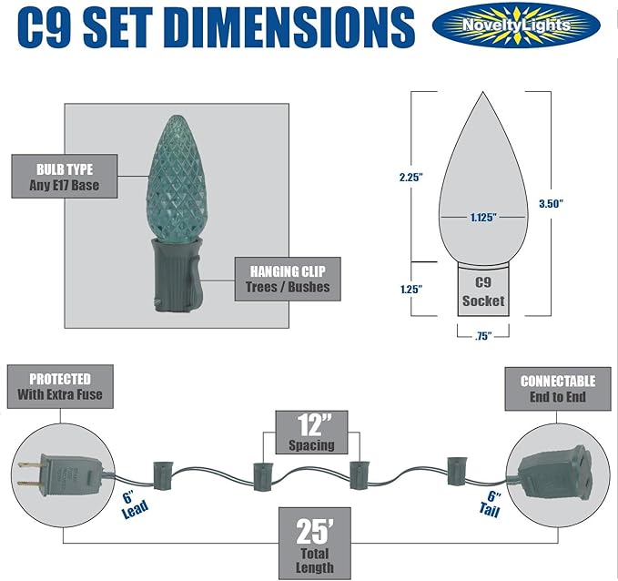 25 Foot C9 Blue Ceramic Christmas Lights Set - Indoor/Outdoor Christmas Light String - Christmas Tree Lights – Opaque Christmas Bulbs - Roofline Light String – Outdoor String Lights - Green Wire