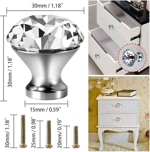 30mm Kitchen Cabinet Knobs Drawer Pull Handle Hardware, Crystal Clear Glass Round Diamond Shape Dresser Closet Bi-fold Door Bathroom Cupboard Desk Nightstand Furniture Decorative Drawer Knobs （16PCS）