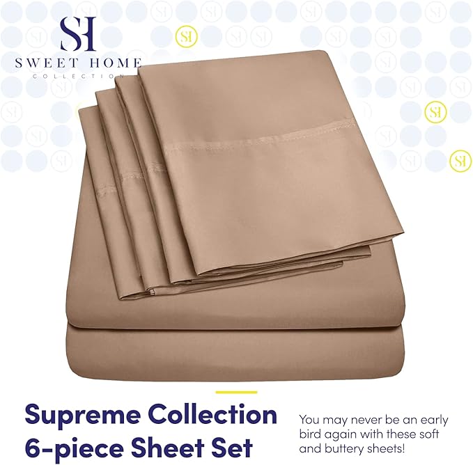 Queen Sheets Taupe - 6 Piece 1500 Supreme Collection Fine Brushed Microfiber Deep Pocket Queen Sheet Set Bedding - 2 Extra Pillow Cases, Great Value, Queen, Taupe