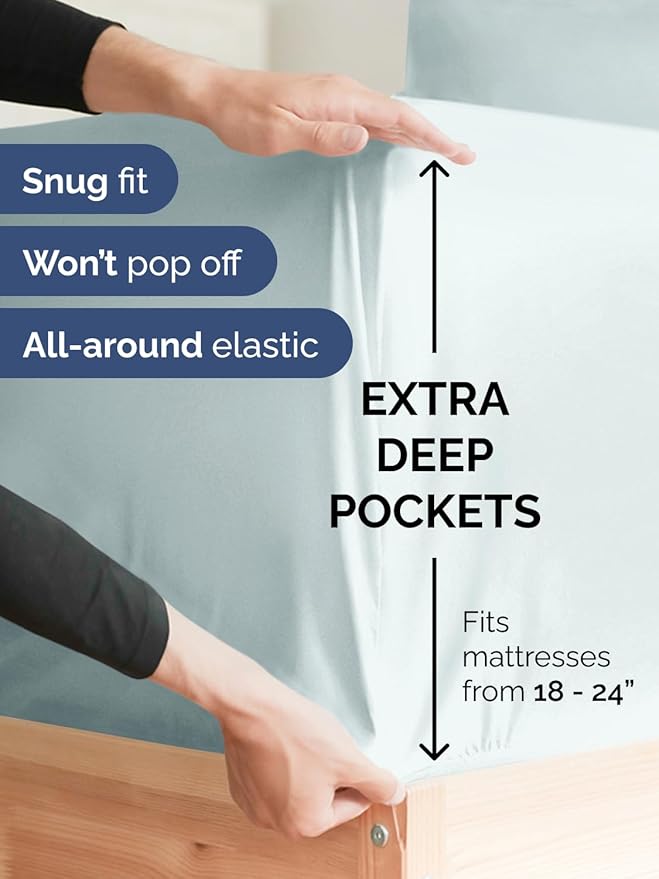 Extra Deep Twin XL Sheet Set - 4 Piece Breathable & Cooling Sheets - Hotel Luxury Bed Sheets Set - Easy & Secure Fit - Soft, Wrinkle Free & Comfy Sheets Set - Ice Blue Sheet Set w/Extra Deep Pockets