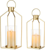 NUPTIO Gold Lanterns Decorative Indoor: Set of 2 Hanging Metal Pillar Candle Lantern with Bottomless Hurricane Glass for Wedding Home Front Porch Outdoor Fireplace Christmas Table Centerpiece