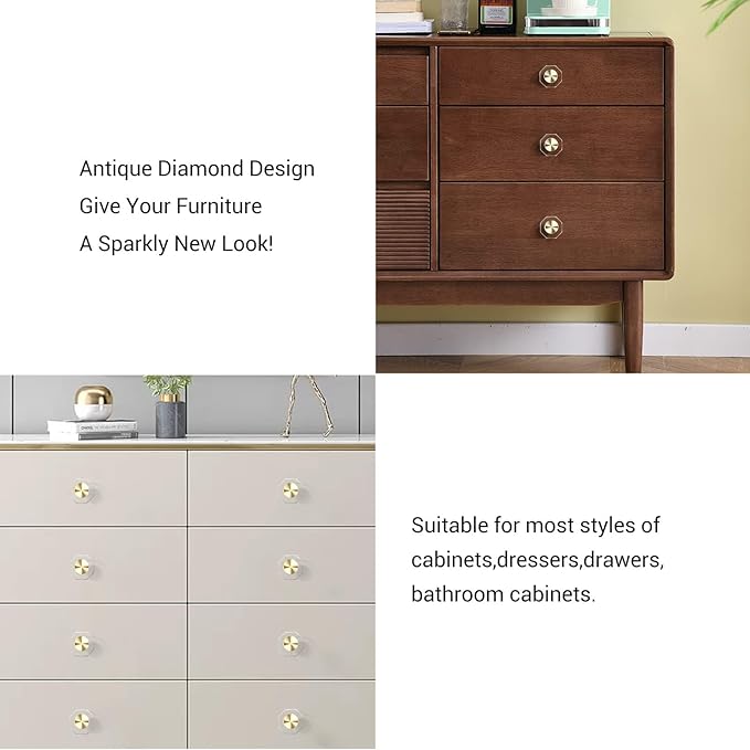 24-Pack 1-1/4-Inch Gold knob Dresser knobs White Cabinet Glass Crystal knobs Brass Drawer Polygonal Dresser Pulls, Drawer pulls