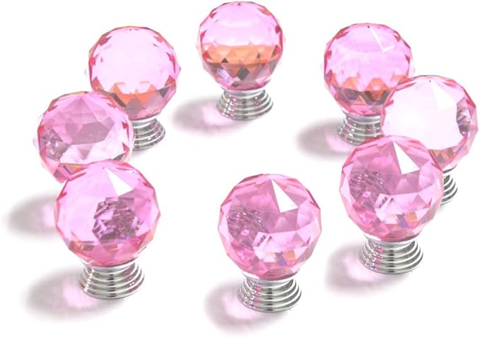 12 Pcs 30mm Round Shape Crystal Glass Cabinet Knobs with Screws Drawer Knob Pull Handle Used for Kitchen, Dresser, Door, Cupboard(Pink)
