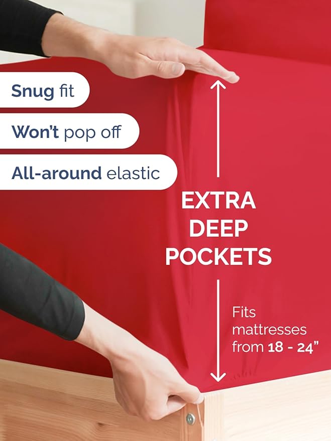 Extra Deep Split King Sheet Set - 7 Piece Breathable & Cooling Sheets - Hotel Luxury Bed Sheets Set - Easy & Secure Fit - Soft, Wrinkle Free & Comfy Sheets Set - Red Sheet Set with Extra Deep Pockets