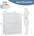 DUMOS Dresser for Bedroom with 8 Fabric Drawers, Tall Chest Organizer Units for Clothing, Closet, Kidsroom, Storage Tower with Cabinet, Metal Frame, Wooden Top, Lightweight Nursery Furniture, White