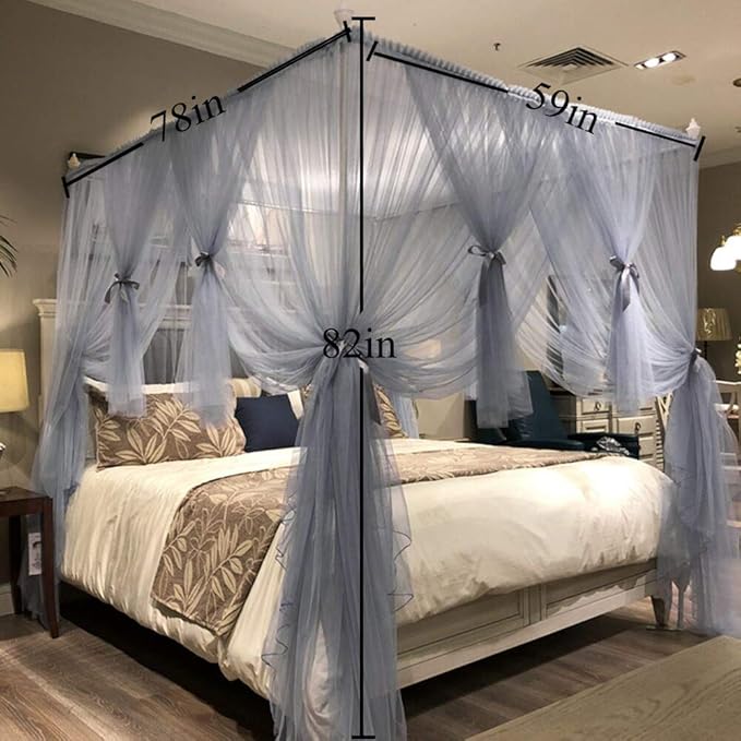 Joyreap 4 Corners Post Canopy Bed Curtain for Girls & Adults - Royal Luxurious Cozy Drape Netting - Cute Princess Bedroom Decoration (Gray-Blue, Full/Queen)