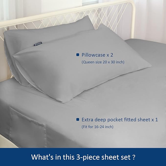 Deep Pocket Twin Sheets Set for Kids Air Mattress - Extra Deep Pocket Twin Sheet Sets - 3Pcs Side Storage Pocket Fitted Sheet & Pillowcases Easily Fits 16in to 24in Pillow Top Bed Mattress(Grey)