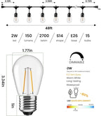 Svater 144 FT Outdoor String Lights 2W, Patio Light for Outside with 48 Antique S14 Plastic LED Bulbs, IP65 Waterproof Hanging Cafe Market Lighting, ETL-Listed Dimmable Warm White (48 FT x 3)