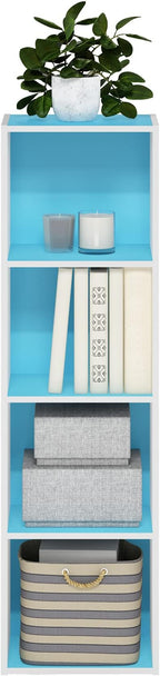 Furinno PASIR Book Shelf, 4-Tier Modern Bookshelf, Open Shelves Bookcase 9" x 12" x 42", for Living Room, Bedroom, Home Office, Light Blue/White
