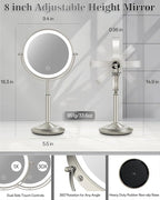 Makeup Mirror with Lights, 1X/30X Lighted Magnifying Mirror Height Adjustable, 3000mAh Rechargeable Double Sided Vanity Mirrors with 3 LED Lighting and Adjustable Brightness for Desk Women Gift