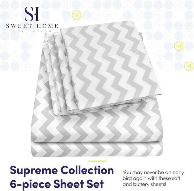 Cal King Size Bed Sheets - 6 Piece 1500 Supreme Collection Fine Brushed Microfiber Deep Pocket California King Sheet Set Bedding - 2 Extra Pillow Cases, Great Value, California King, Chevron Gray