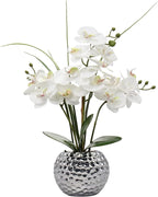 Oairse Artificial White Phalaenopsis Orchid Flower Arrangements 20.8" Faux Orchid Flower in Silver Pot Orchid Centerpiece for Dining Room Table