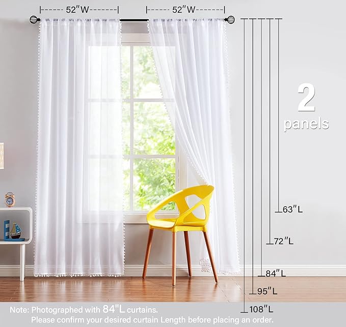 Treatmentex Snow White Sheer Curtains 95" Bedroom Decorative Pompom Trimmed Voile Window Curtain for Living Room Linen Look 2 Panels
