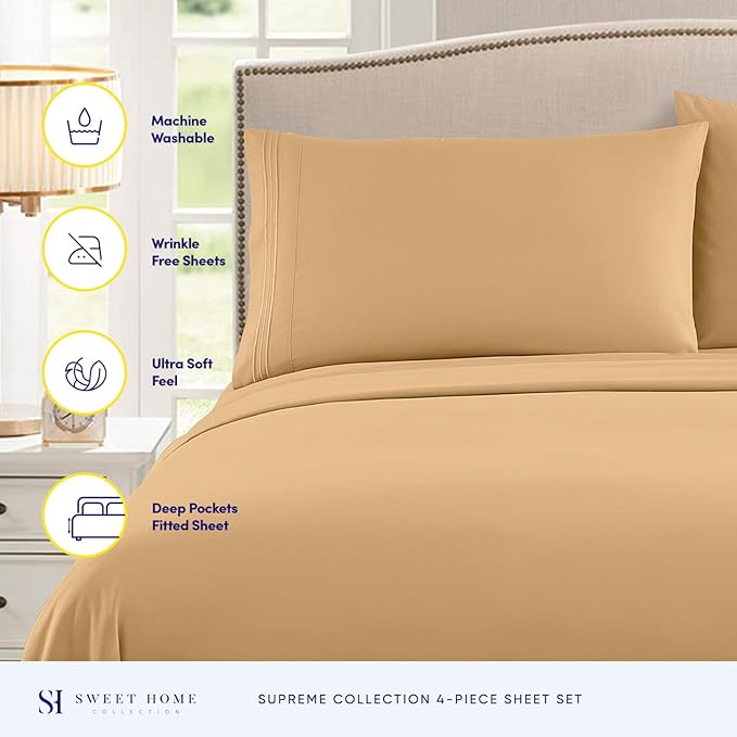 King Size Sheets - Breathable Luxury Bed Sheets with Full Elastic & Secure Corner Straps Built In - 1800 Supreme Collection Extra Soft Deep Pocket Bedding Set, Sheet Set, King, Camel