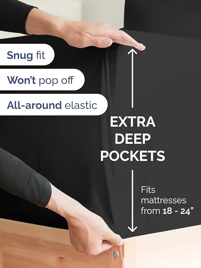 Extra Deep Twin Sheet Set - 4 Piece Breathable and Cooling Sheets - Hotel Luxury Bed Sheets Set - Easy & Secure Fit - Soft, Wrinkle Free and Comfy Sheets Set - Black Sheet Set with Extra Deep Pockets