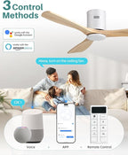 Sofucor 52 Inch Smart Ceiling Fan Without Light Flush Mount Solid Wood Ceiling Fan with Alexa/Google/APP/Remote Control-Modern Outdoor Ceiling Fans No Light for Bedroom/Patio/Indoor,Natural Wood&White