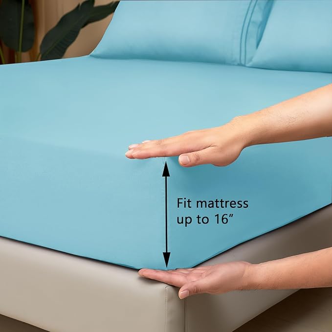 Mejoroom Queen Size Sheet Set - Hotel Luxury 1800 Bedding Sheets & Pillowcases - Deep Pocket Fitted Sheet, Soft, Breathable, Wrinkle & Fade Resistant - 4 Piece (Queen, Baby Blue)