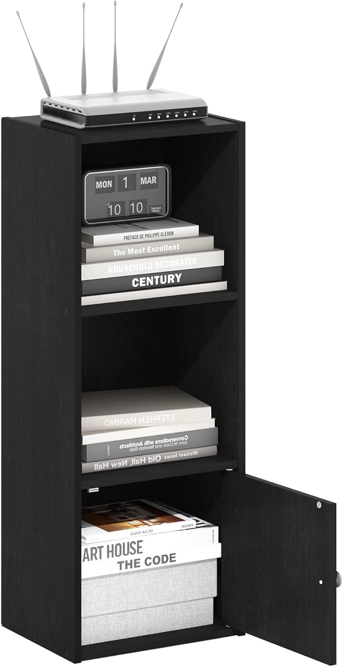 Furinno LUDER Book Shelf, 3-Tier Modern Bookshelf, Bookcase with 1 Door Storage Cabinet, 9.3" x 12" x 31.5", for Living Room, Bedroom, Home Office, Blackwood