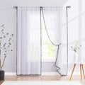 Treatmentex White Sheer Curtains Black Pompoms 63" inches Long Window Draperies for Boy's Room Bed Canopy 2 Panels Rod Pocket