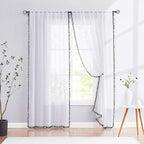 Treatmentex White Sheer Curtains Black Pompoms 63" inches Long Window Draperies for Boy's Room Bed Canopy 2 Panels Rod Pocket