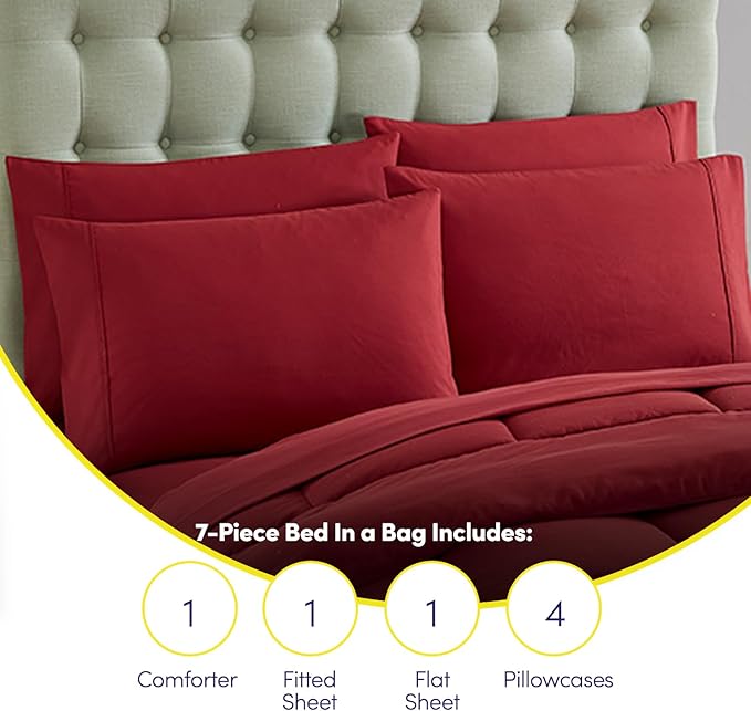 Sweet Home Collection 7 Piece Comforter Set Bag Solid Color All Season Soft Down Alternative Blanket & Luxurious Microfiber Bed Sheets, Burgundy, Queen