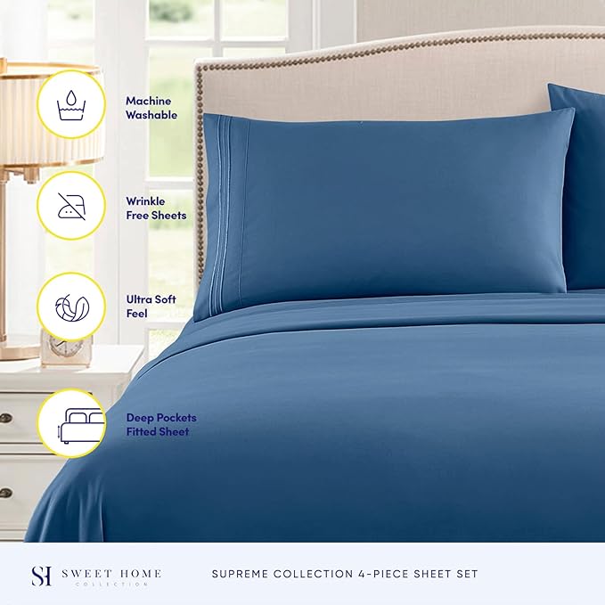 Twin XL Sheets - Breathable Luxury Sheets with Full Elastic & Secure Corner Straps Built In - 1800 Supreme Collection Extra Soft Deep Pocket Bedding Set, Sheet Set, Twin XL, Denim