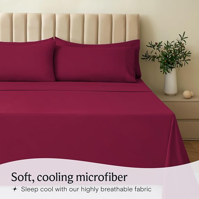 LuxClub 5 PC Split King Sheet Set, Breathable Luxury Bed Sheets, Deep Pockets Wrinkle Free Cooling Sheets Machine Washable Hotel Bedding Silky Soft - Burgundy Split King