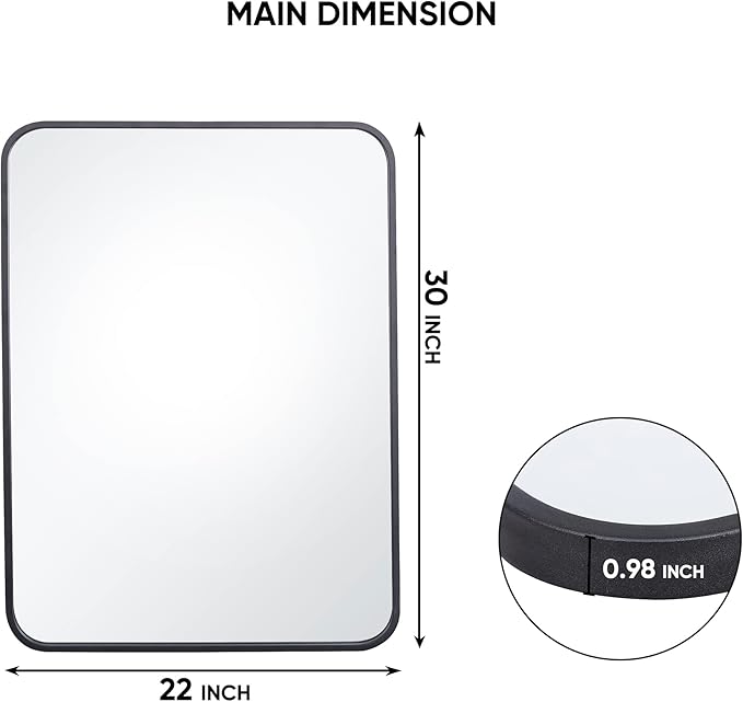 SUPER DEAL 22x30 Inch Black Wall Mirror for Bathroom, Wall Mounted Rectangular Entryways Decor Vanity Mirrors with Stainless Steel Metal Frame and Rounded Edge