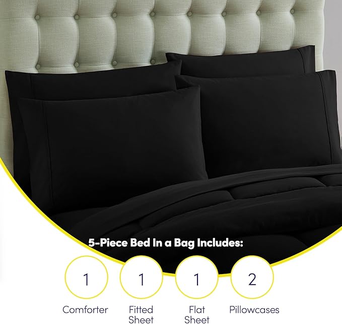 Sweet Home Collection 5 Piece Comforter Set Bag Solid Color All Season Soft Down Alternative Blanket & Luxurious Microfiber Bed Sheets, Black, Twin XL (Pack of 4)