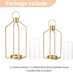 NUPTIO Gold Lanterns Decorative Indoor: Set of 2 Hanging Metal Pillar Candle Lantern with Bottomless Hurricane Glass for Wedding Home Front Porch Outdoor Fireplace Christmas Table Centerpiece
