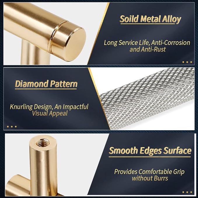 Knurled Cabinet Pulls 12 Pack, 4 Inch Long Cabinet Handles Metal Door Pulls, Kitchen Drawer Pull Knurled Dresser Handles - 3" Hole to Hole, Grey & Gold