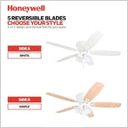 Honeywell Ceiling Fans Glen Alden, 52 Inch Classic Flush Mount Indoor LED Ceiling Fan with Light, Pull Chain, Quick-2-Hang Dual Finish Blades, Reversible Motor - 50520-01 (White)